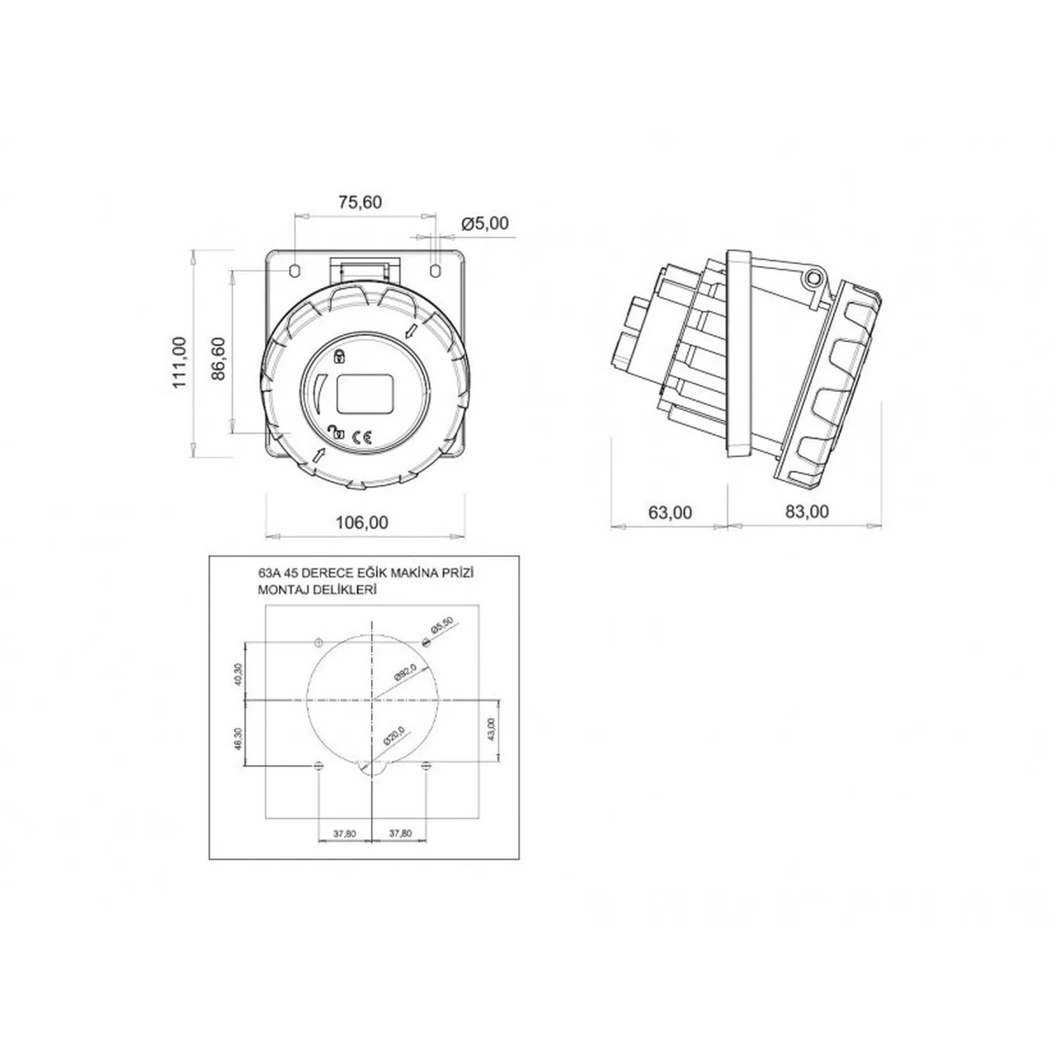 Bemis 5/63A. 45° Eğik Makine Priz (RS) IP67 BC1-4505-7420