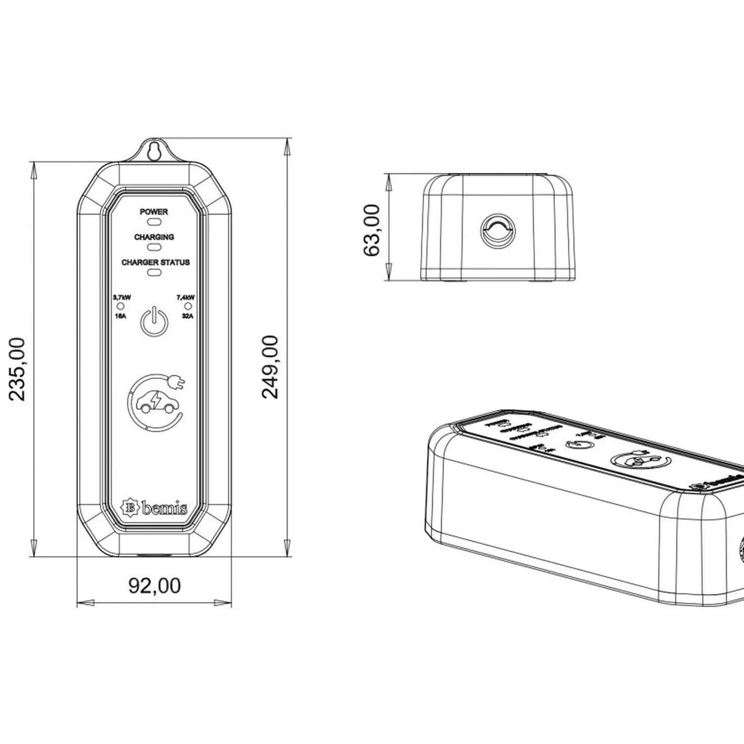Bemis 2,3 - 3,7 kw Mini Mobile Araç Şarj Cihazı Aleti 5 Metre BEV-1111-0001