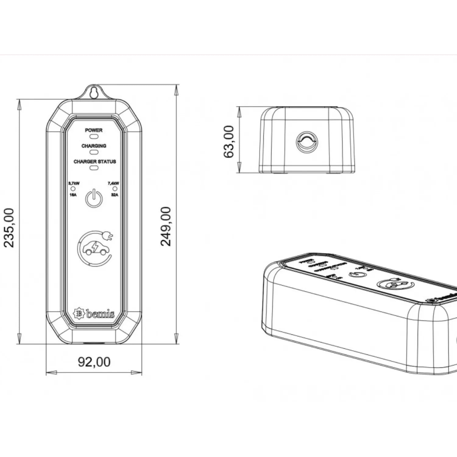 Bemis 3,7 / 7,4 kW Mono Mobile Araç Şarj Cihazı Aleti 5 Metre BEV-1221-0001