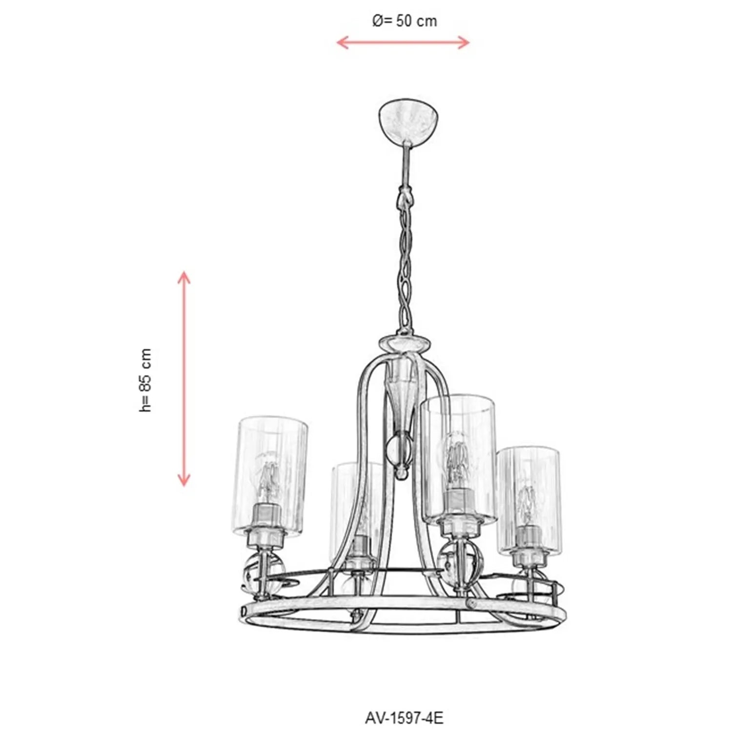 AVONNI AV-1597-4E Eskitme Kaplama Modern Avize, E27, Metal, Cam, 50cm