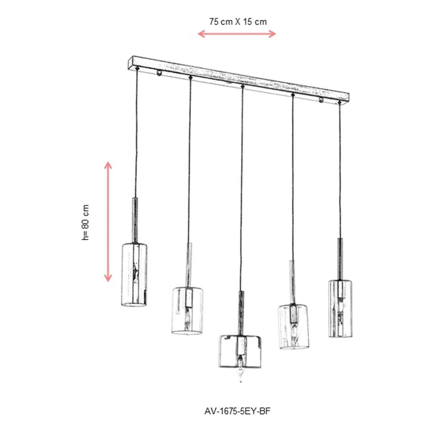 AVONNI AV-60043-5EY-BF Eskitme Kaplama Modern Avize, E14, Metal, Cam, Kristal, 75x15cm
