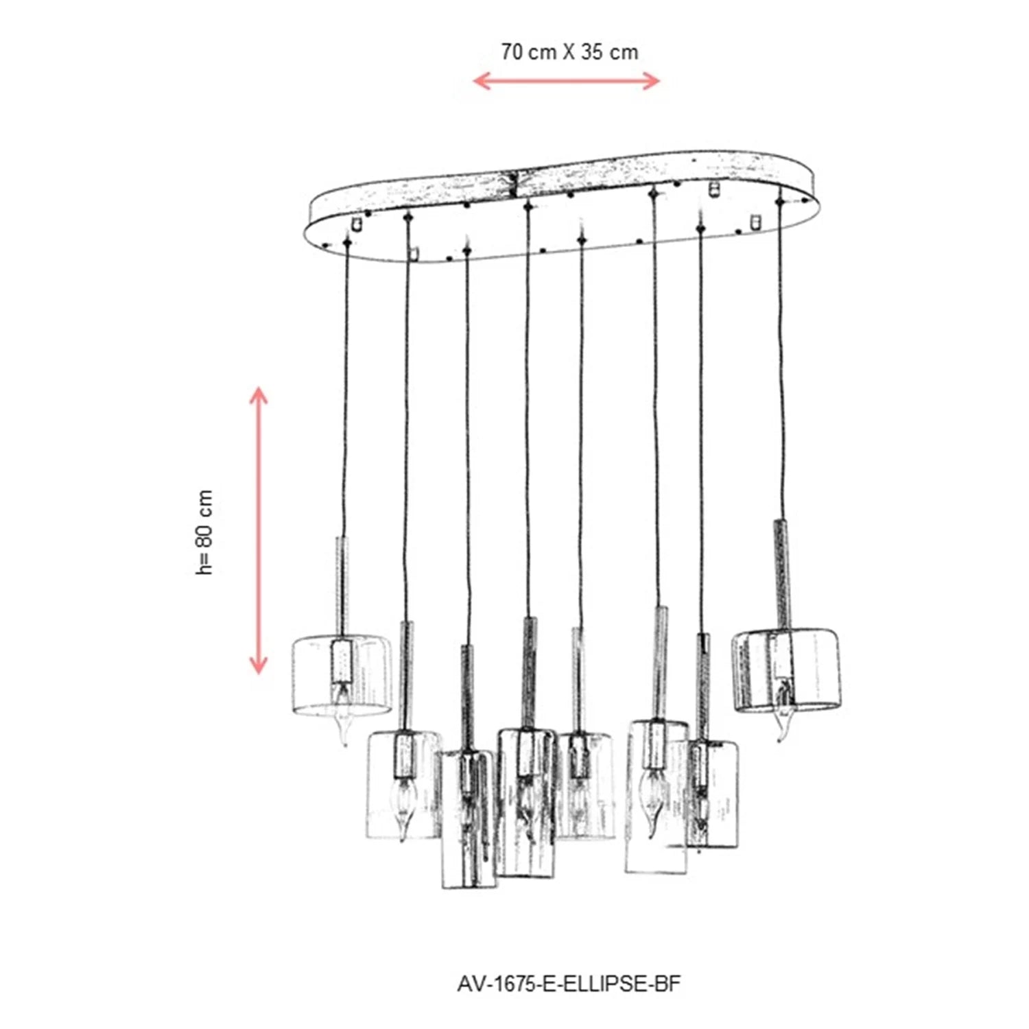 AVONNI AV-60043-E-ELLIPSE-BF Eskitme Kaplama Modern Avize, E14, Metal, Cam, Kristal, 70x35cm