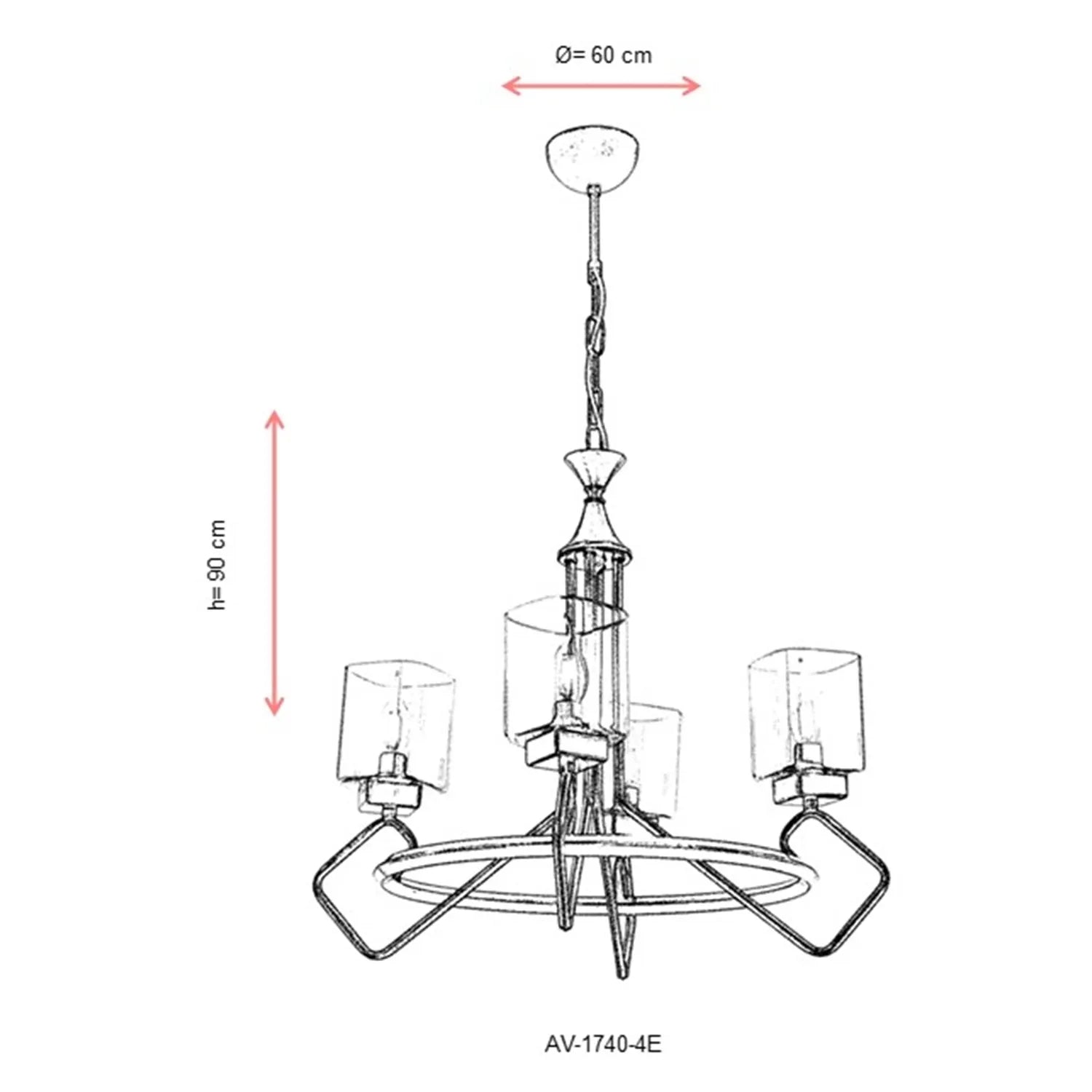 AVONNI AV-60135-4E Eskitme Kaplama Modern Avize, E14, Metal, Cam, 60cm