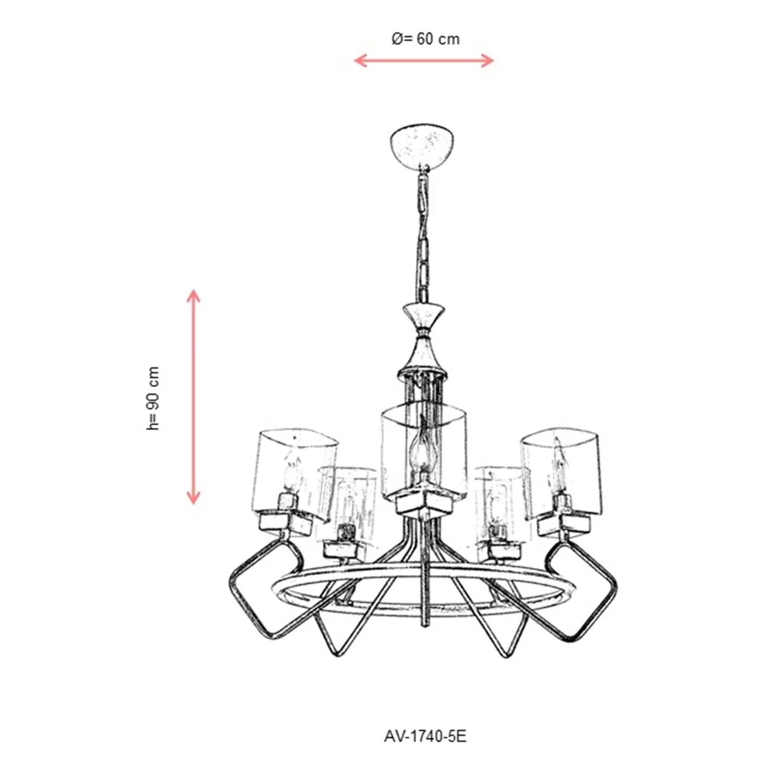 AVONNI AV-60135-5E Eskitme Kaplama Modern Avize, E14, Metal, Cam, 60cm