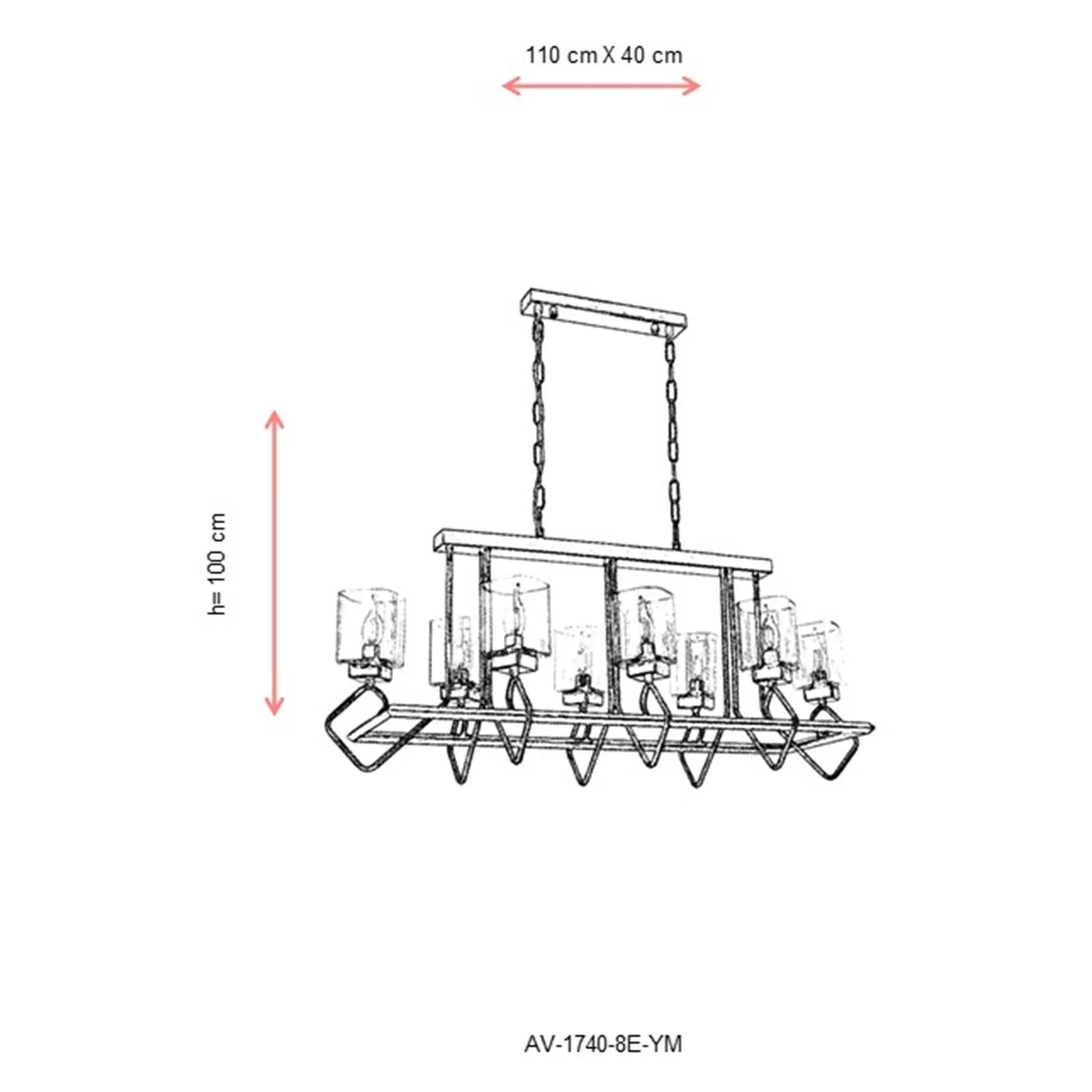 AVONNI AV-60135-8E-YM Eskitme Kaplama Modern Avize, E14, Metal, Cam, 110x40cm
