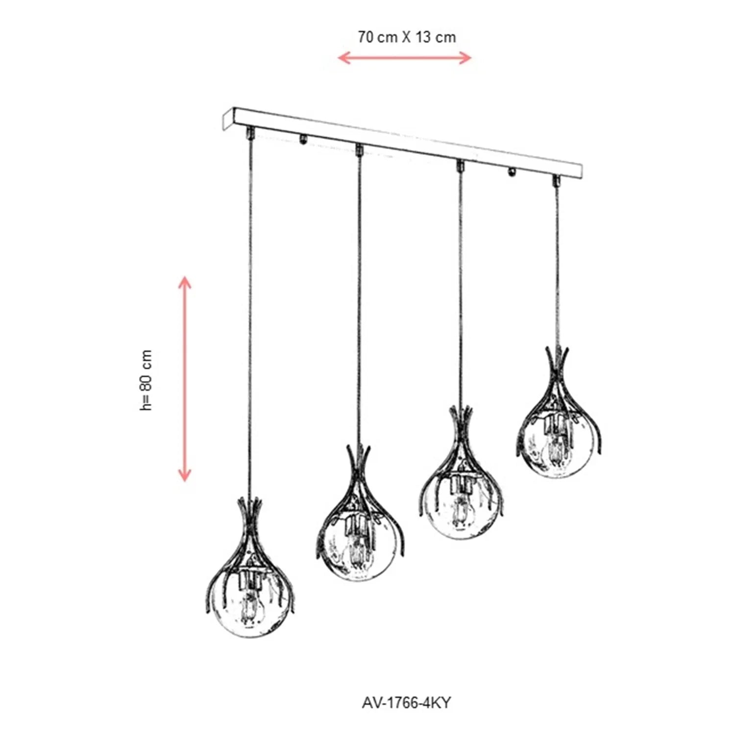 AVONNI AV-60161-4KY Krom Kaplama Modern Avize, E27, Metal, Cam, 70x13cm