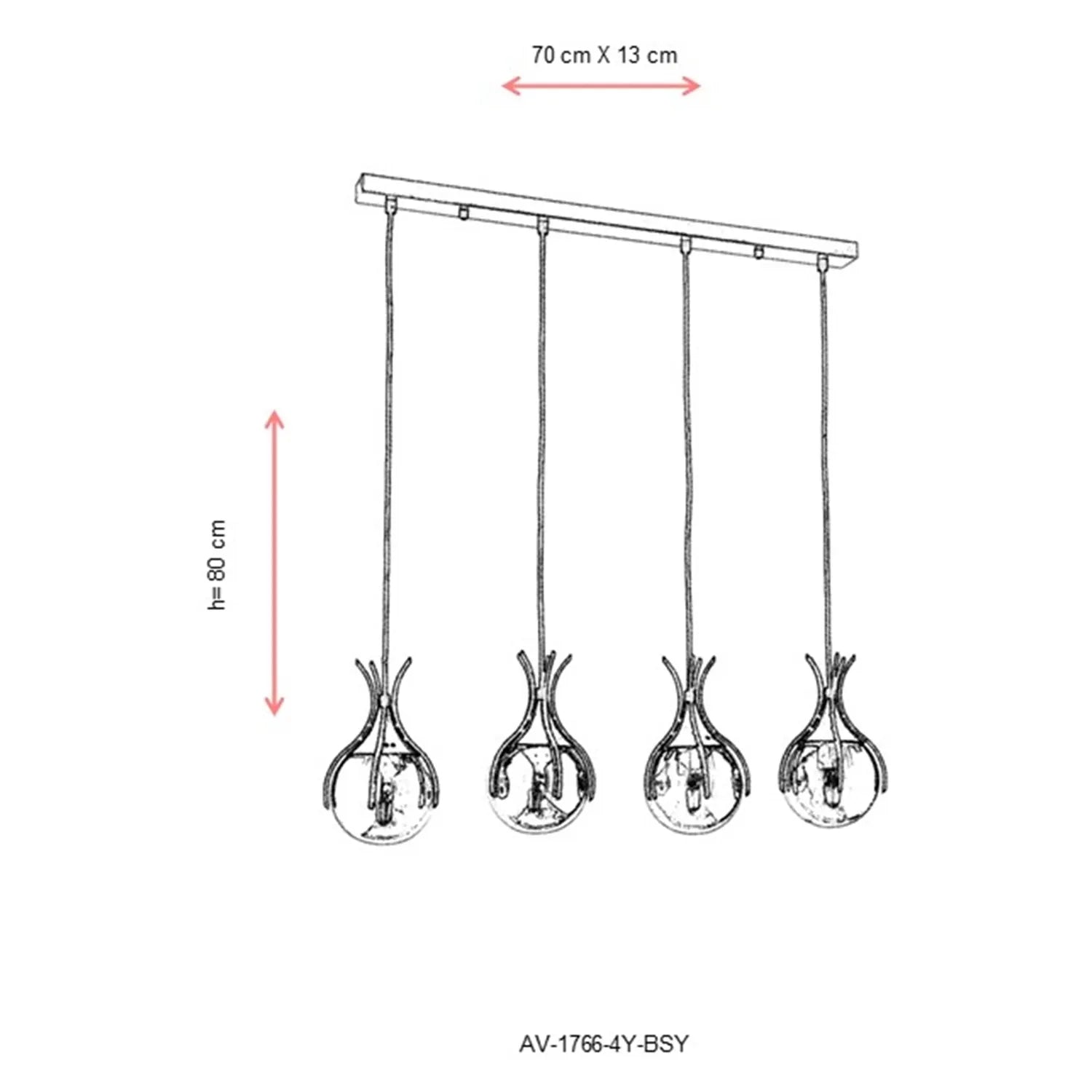 AVONNI AV-60161-4Y-BSY Siyah Boyalı Modern Avize, E27, Metal, Cam, 70x13cm
