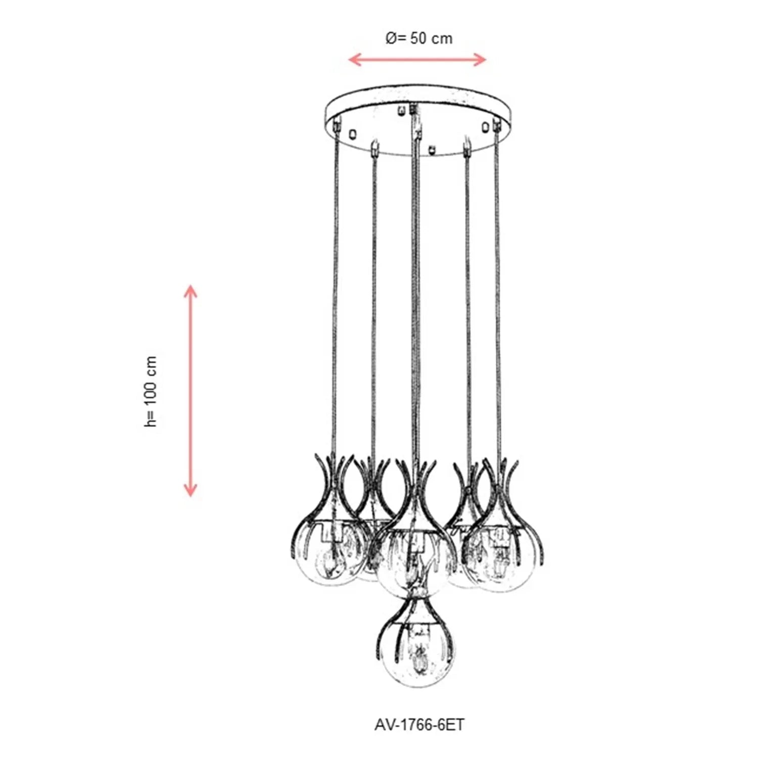 AVONNI AV-60161-6ET Eskitme Kaplama Modern Avize, E27, Metal, Cam, 50cm