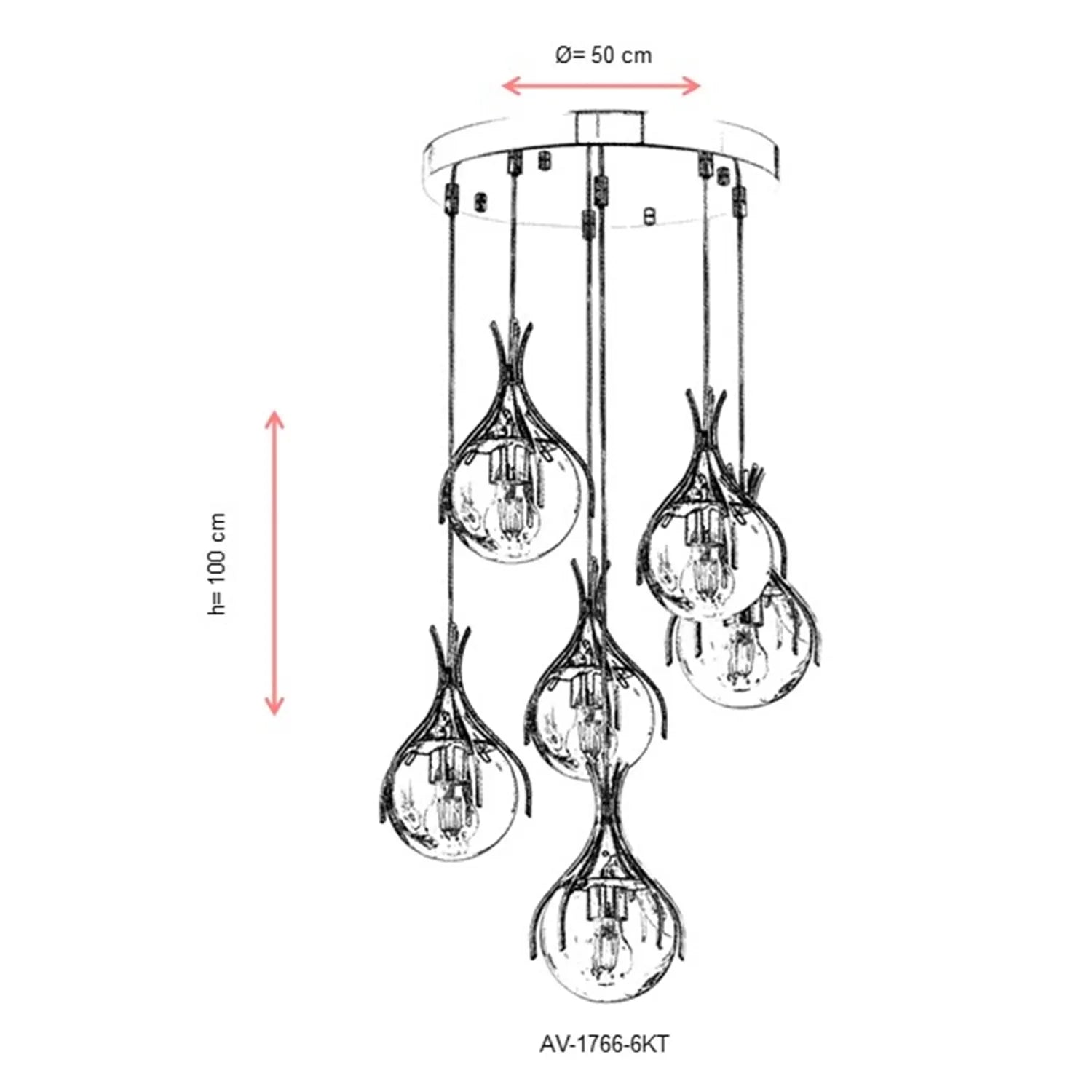 AVONNI AV-60161-6KT Krom Kaplama Modern Avize, E27, Metal, Cam, 50cm