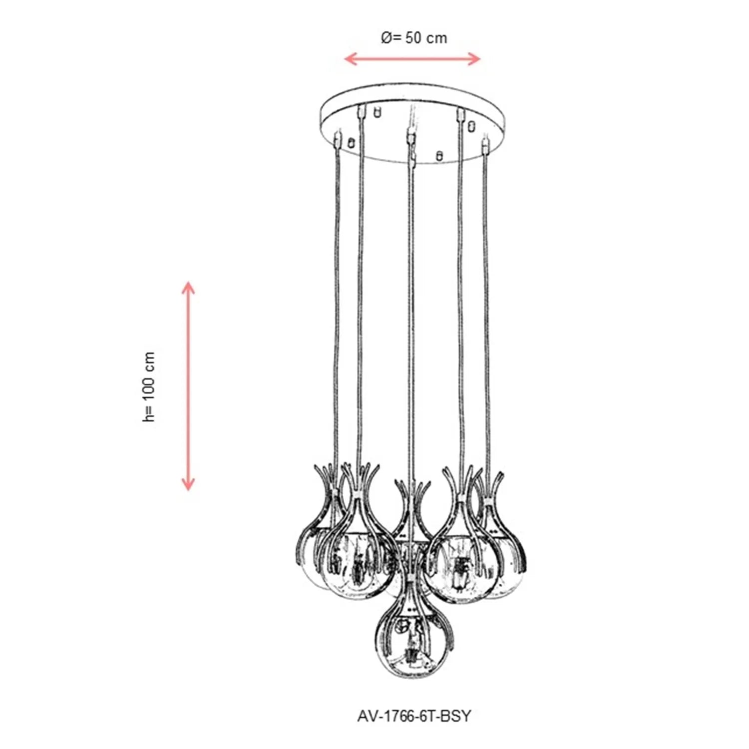 AVONNI AV-60161-6T-BSY Siyah Boyalı Modern Avize, E27, Metal, Cam, 50cm