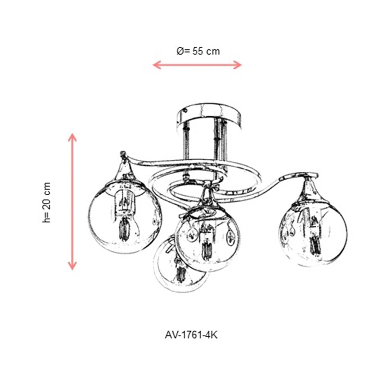 AVONNI AV-60156-4K Krom Kaplama Modern Avize, E27, Metal, Cam, 55cm