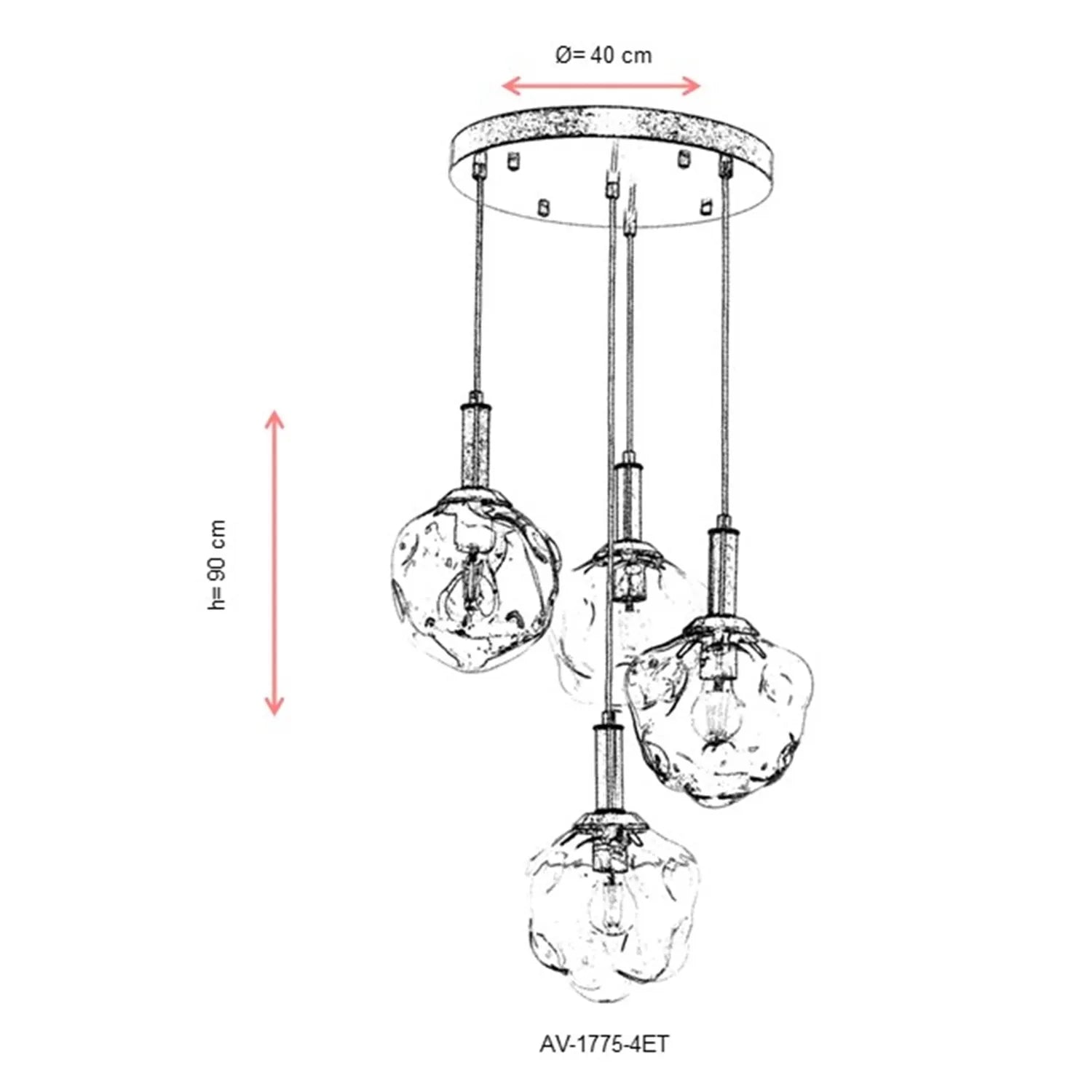 AVONNI AV-60210-4ET Eskitme Kaplama Modern Avize, E27, Metal, Cam, 40cm