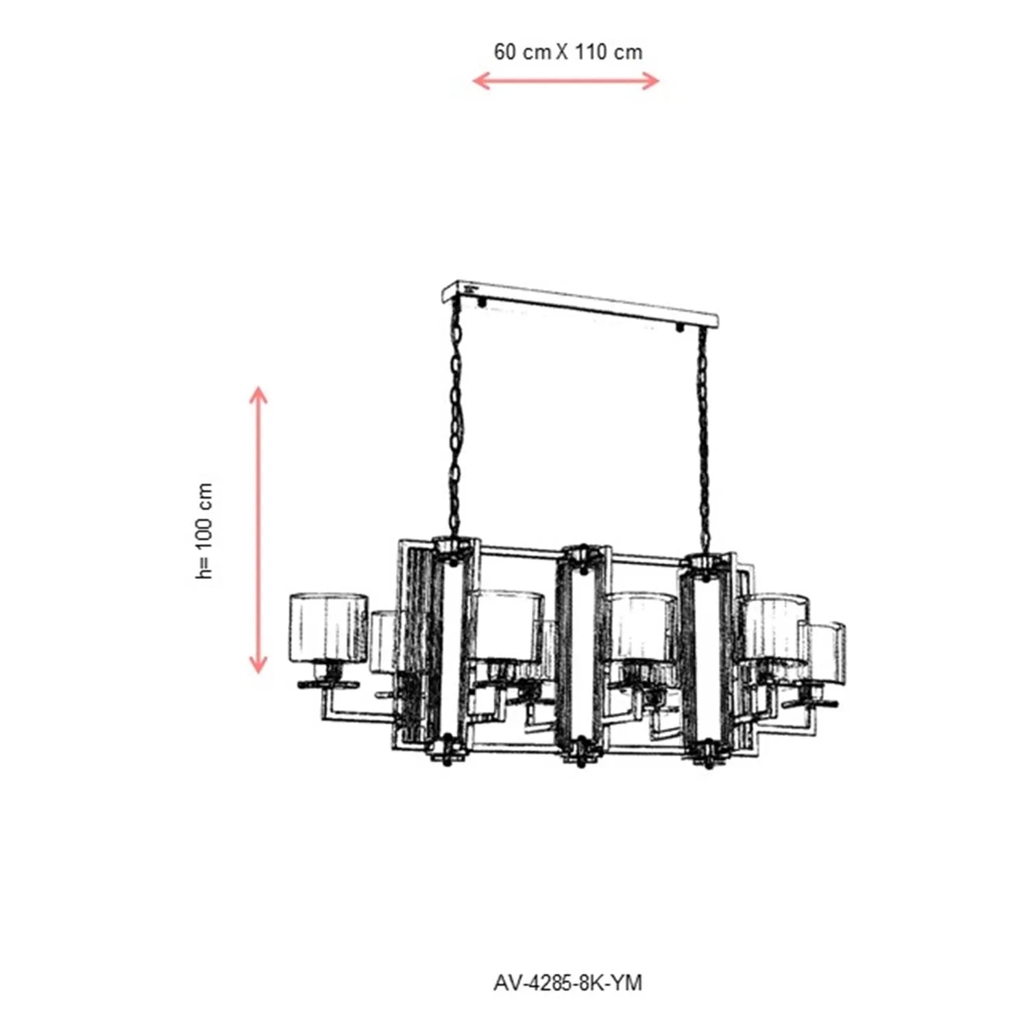 AVONNI AV-60190-8K-YM Krom Kaplama Modern Avize, E27, Metal, Cam, 110x60cm