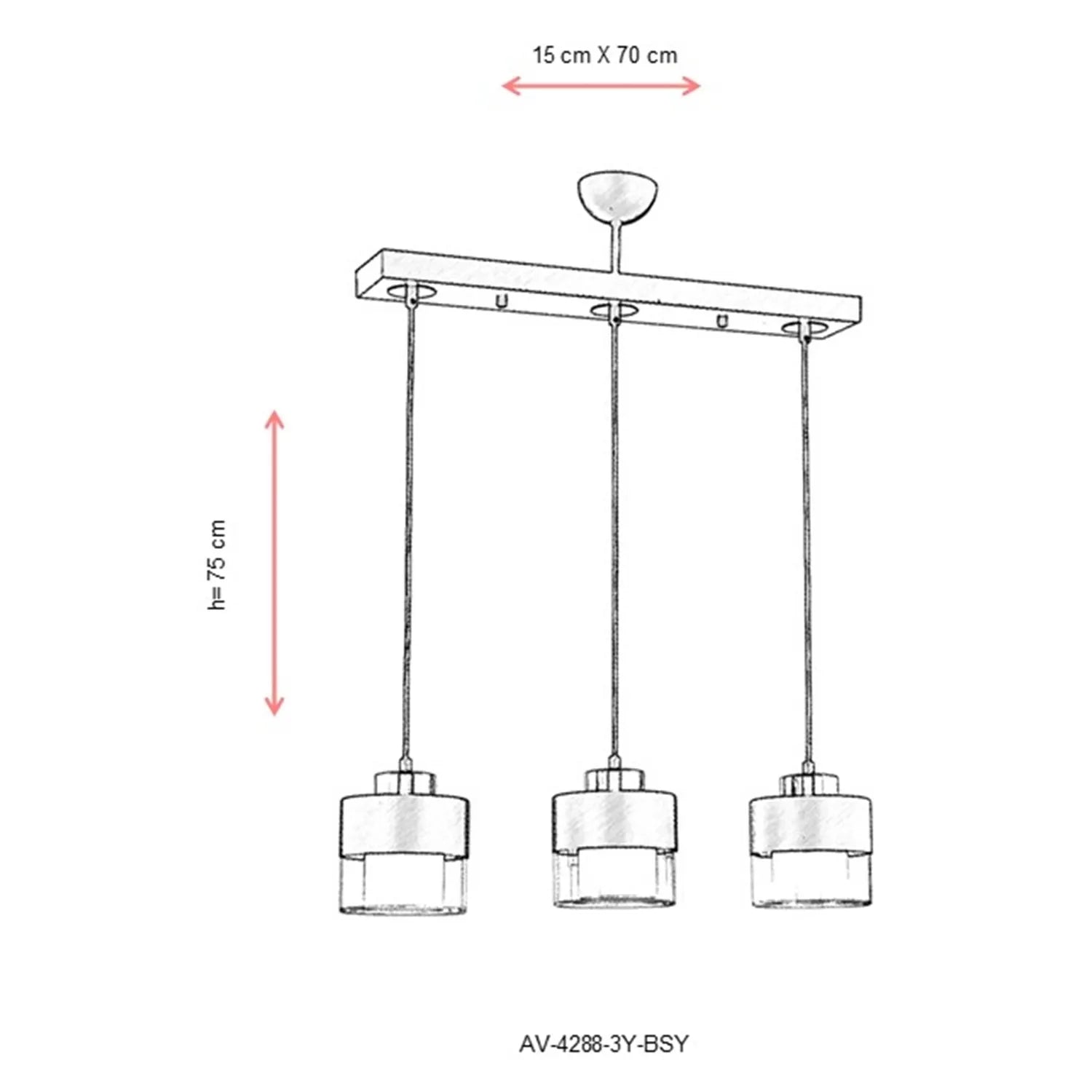 AVONNI AV-60193-3Y-BSY Siyah Boyalı Modern Avize, E27, Metal, Cam, 70x15cm