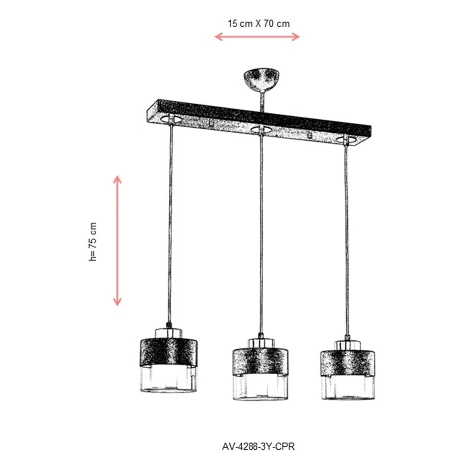 AVONNI AV-60193-3Y-CPR Bakır Patina Boyalı Modern Avize, E27, Metal, Cam, 70x15cm